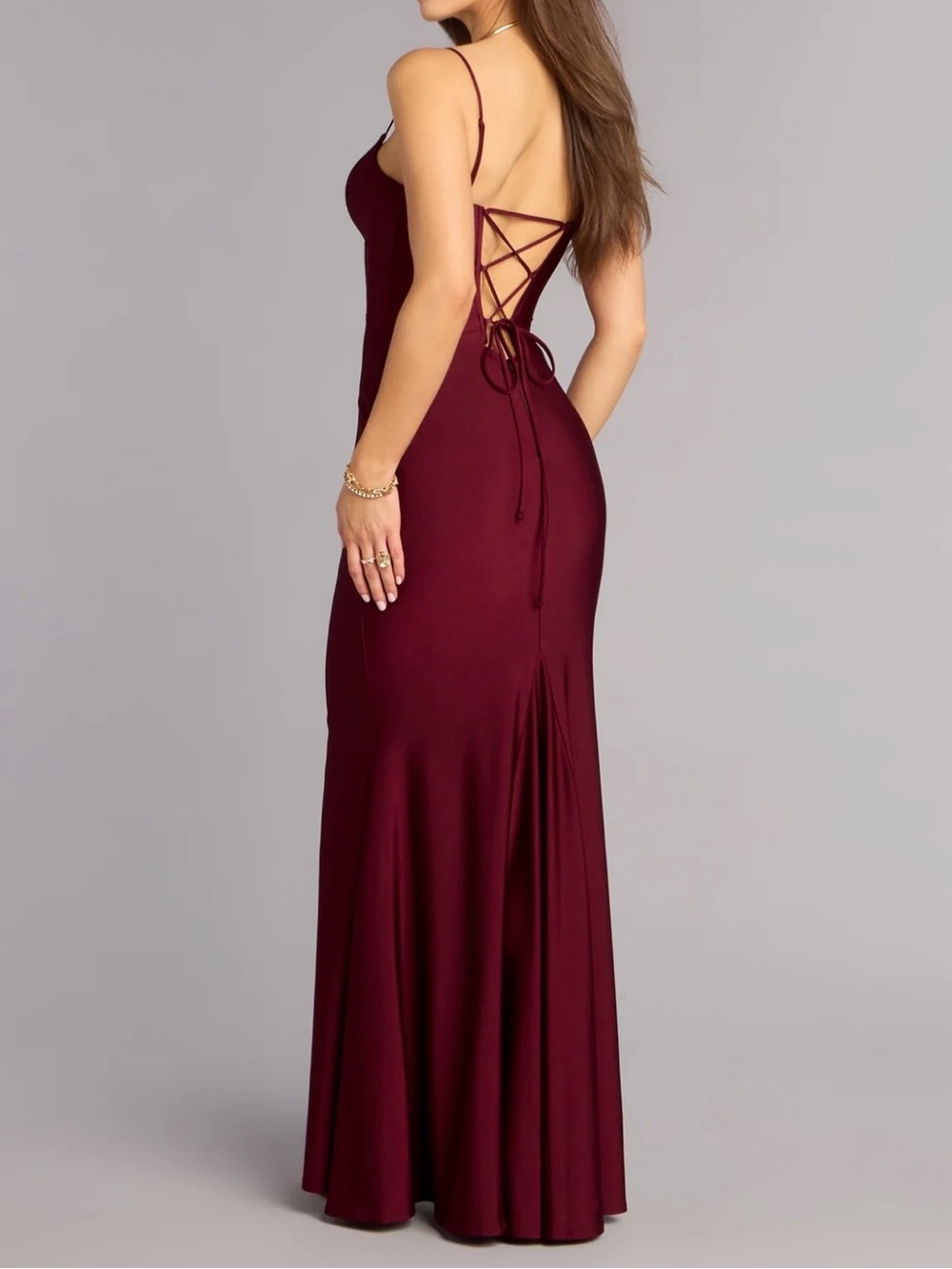 Windsor Full Length Burgundy-Brown Lace-Up Back Dress Flowy Mermaid-like Skirt